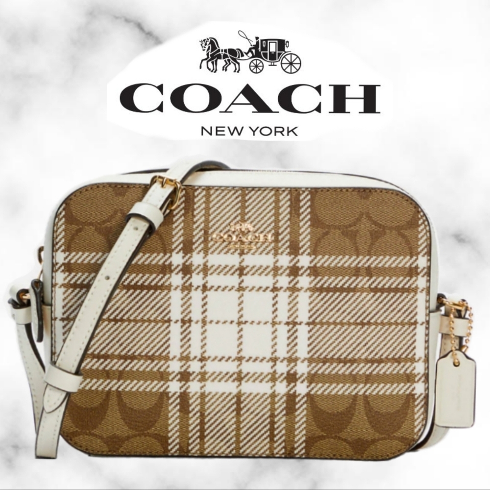 Coach Mini Camera Bag In Signature Canvas With Hunting Fishing Plaid Print